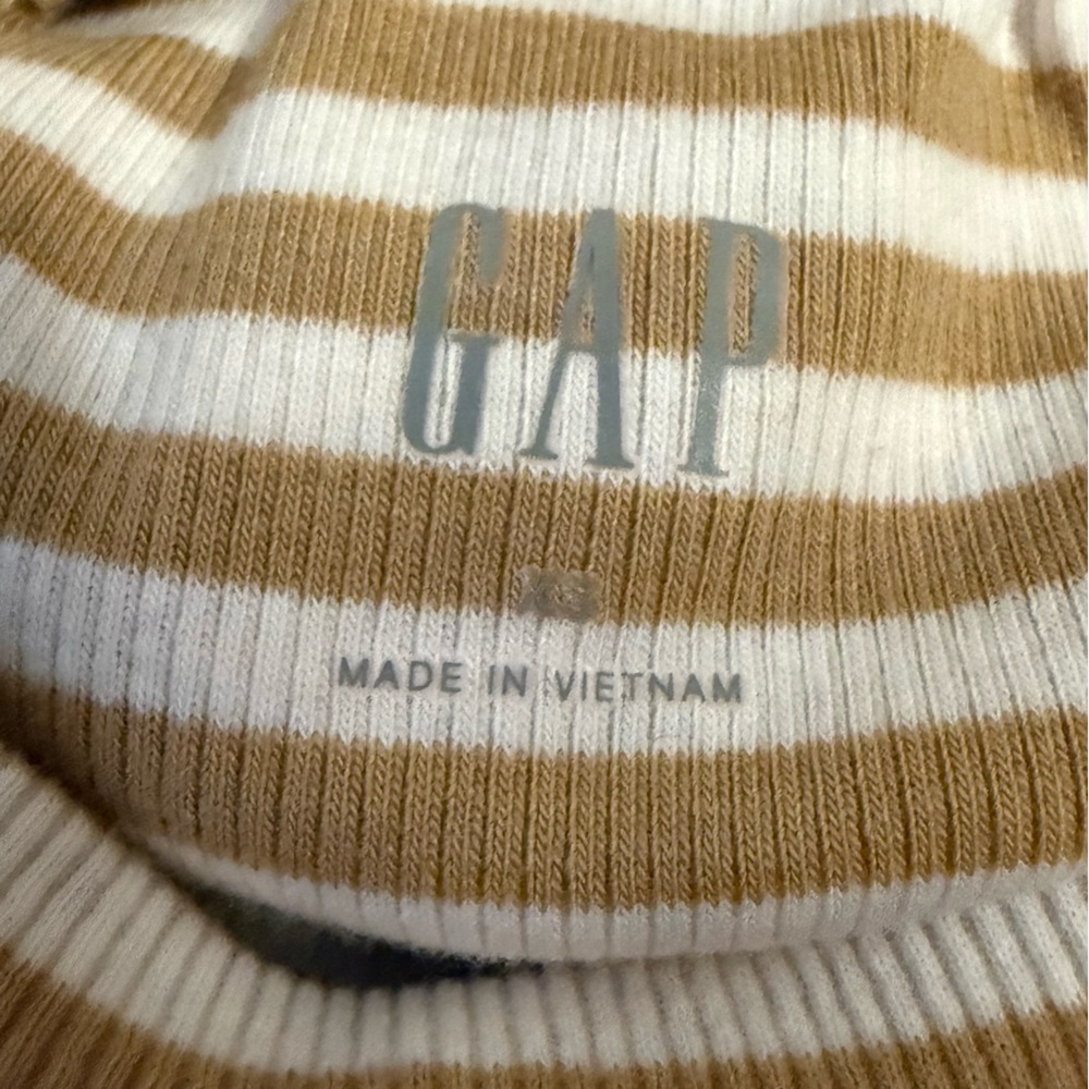 GAP Mock Neck Puff Sleeves Ribbed Tan and White Striped Long Sleeve Top - Picture 8 of 9